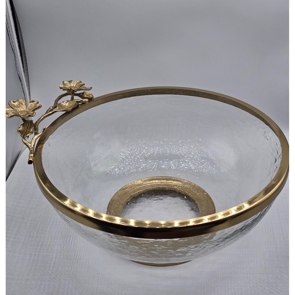 Vintage Gold Floral Rimmed Glass Serving Bowl Large Clear Dogwood Art Deco